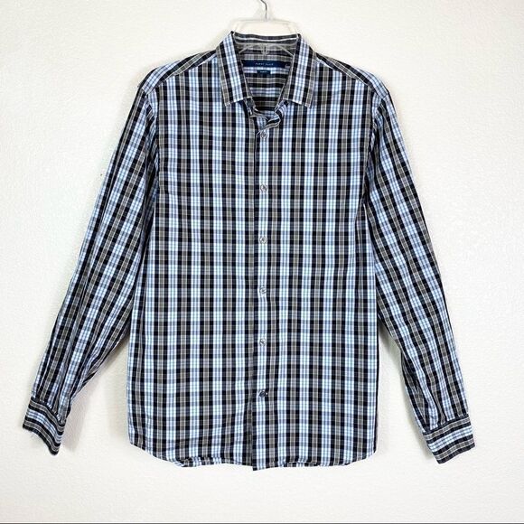 Perry Ellis Black Blue & White Plaid Slim Fit Button Up Shirt - Picture 1 of 3
